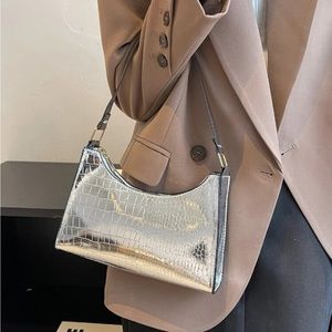 Metallic Crocodile Embossed Baguette Bag